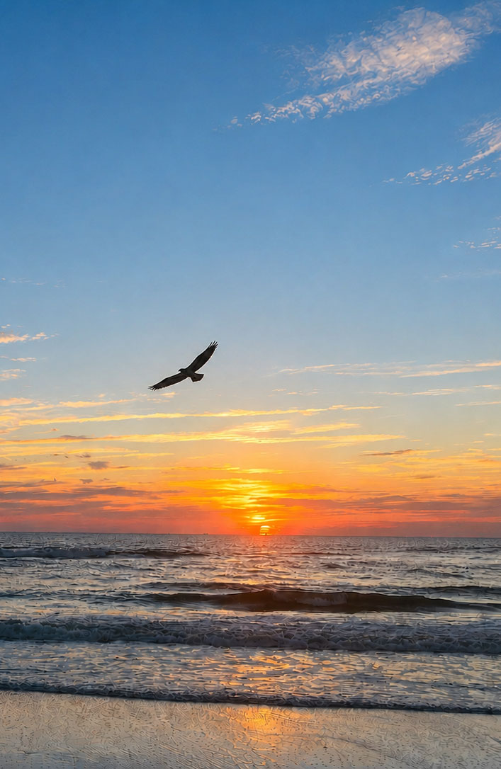 High-end beach shoreline at sunset